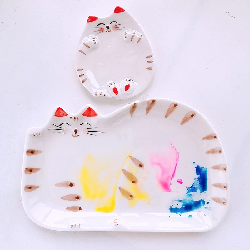 Ceramic palette Watercolor Painting Dish Kawaii kitten White Porcelain Color Palette Office profession painting Art Supplies
