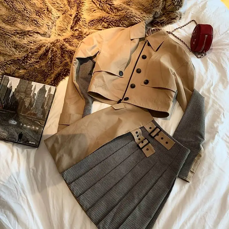 2019 Nieuwe kaki korte windjack pak vrouwelijke lente stiksels houndstooth geplooide half rok twee stuk