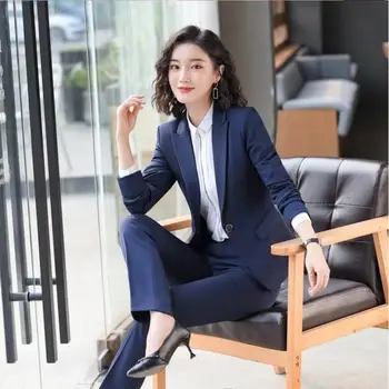 

New 2020 Spring Elegant Women Formal Pants Suit Set Blazer and Trouser Pant Business Uniform Two Piece Office Ladies Coats