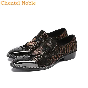 

Newest Chentel Noble Manual Gentleman Metal Head Fashion Mens Dress Shoes Genuine Leather Animal Pattern Flats Mens Shoes