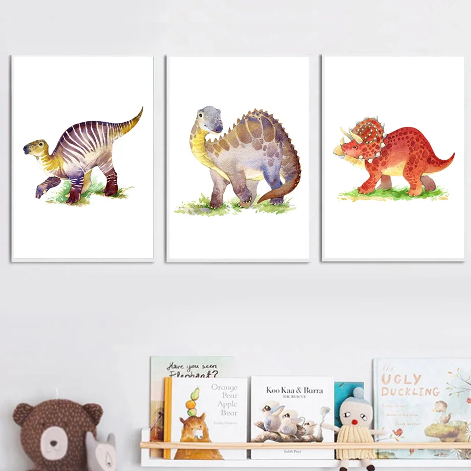 Цветной мультфильм Динозавр стены искусства холст картины плакаты на скандинавскую тему и принты животных стены картины для детской комнаты украшение для спальной комнаты