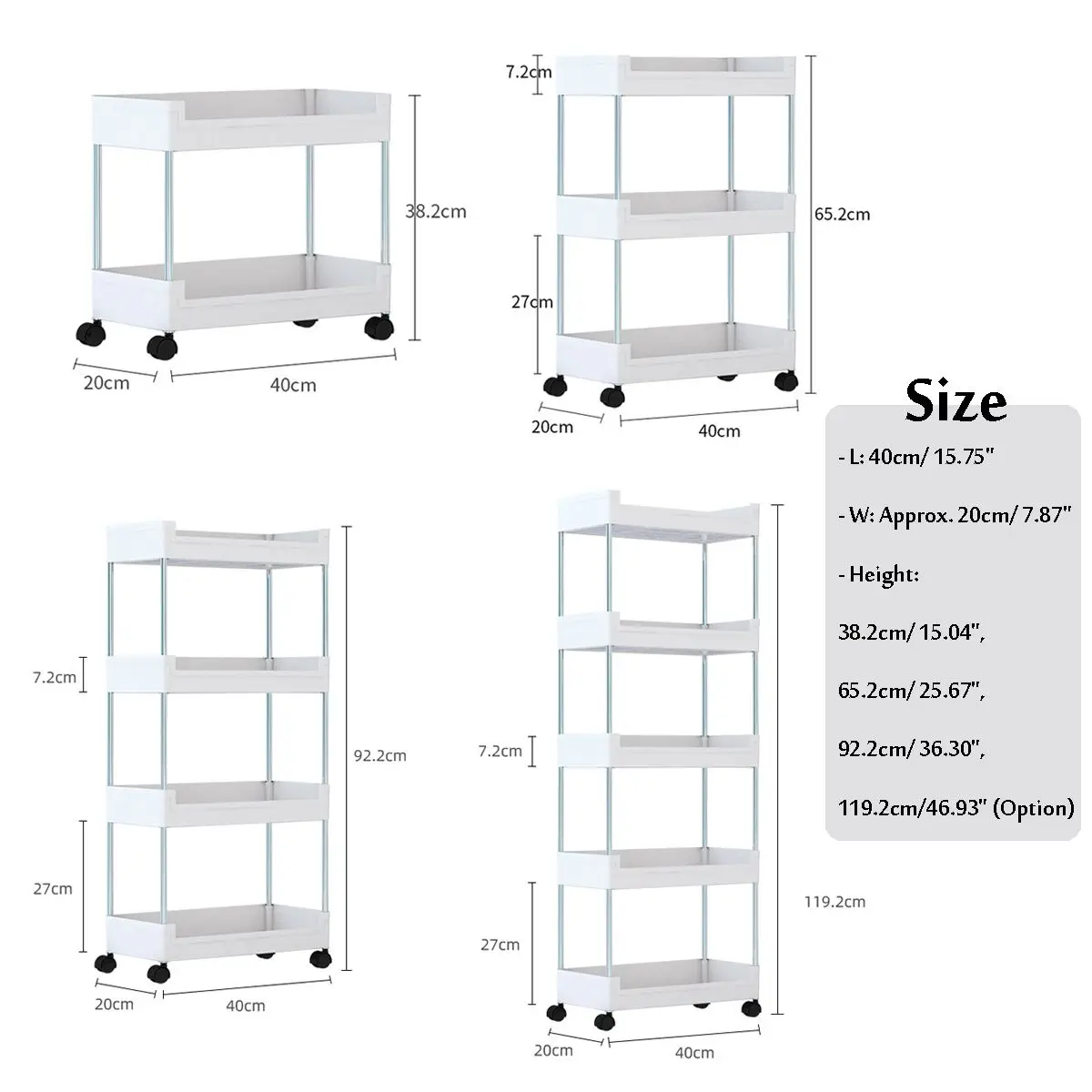 65.2/92.2/119.2cm Height Gap Kitchen Storage Rack Thicken Removable With Wheels Assemble Bathroom Shelf Space Saving Organizer | Дом и сад