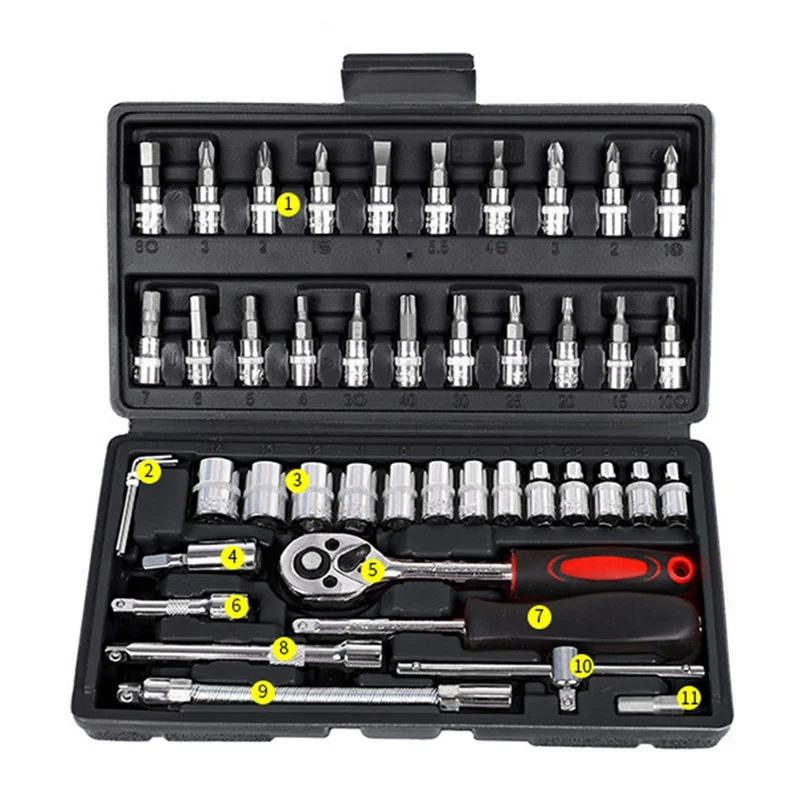 

46Pcs/Set Car Motorcycle Repair Tool Ratchet Wrench Set Drive Socket Spanner Kit Batch Head Screwdriver Socket Set DIY Toos