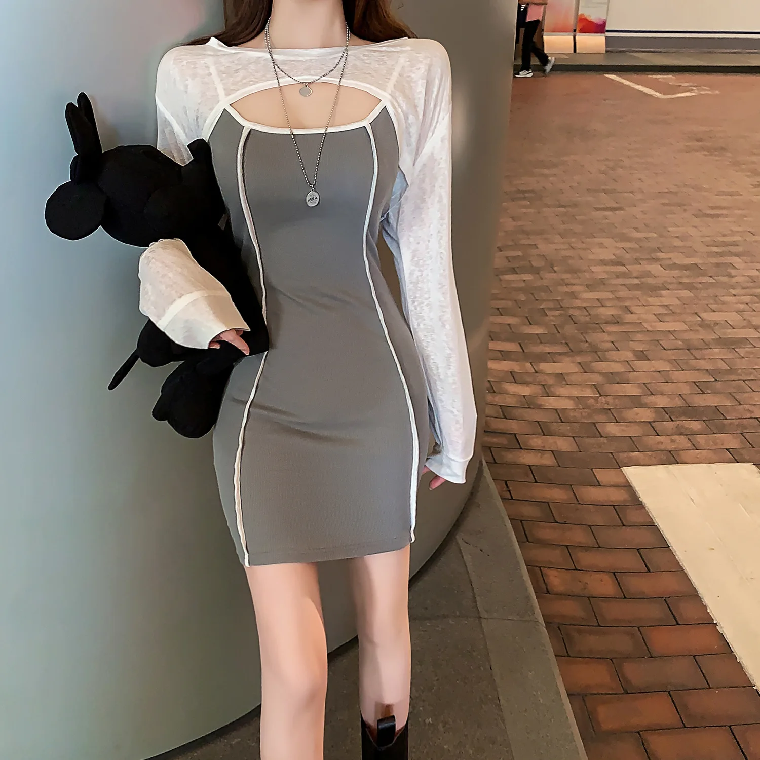 

sexy color matching sling bag hip dress + long sleeve T-shirt two-piece set Office Lady O-Neck Knee-Length