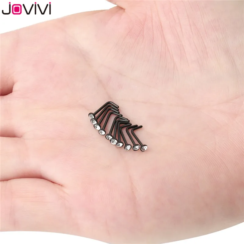 JOVIVI 10 шт. нержавеющая сталь 2,5 мм страз 20 г серьги в нос, гвоздики кость ноздрил Pin L форма Бар пирсинг тела ювелирные изделия 4 цвета