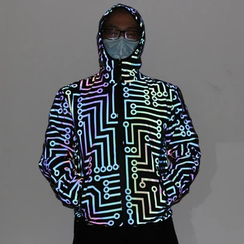 

Spring Autumn Circuit Geometric Jacket Rainbow Reflective Coat Women Cross-border Hip-hop Hooded Streetwear Jacket Female