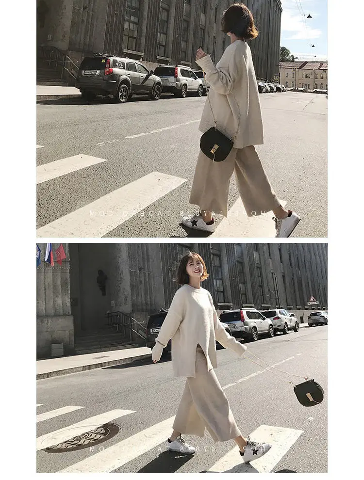 Women Sets Sweaters And Pants Two Piece Set Autumn Winter New Female Long Sweater With Wide Leg Pants Loose White Woman Sets