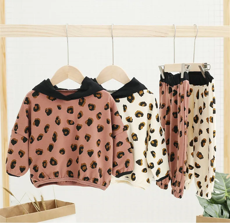 1 2 3 4 5 Y Baby Girls 2pcs Spring Autumn Fashion Leopard Print Hooded Sweatshirt Pants Kids Tracksuit Toddler Baby Sport Suit