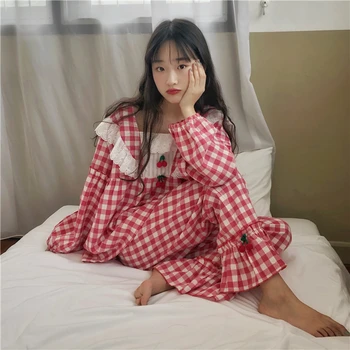 

Japanese 2020 New Sweet Tracksuit Suit Cute Girl Cherry Decoration Plaid Pajamas Home Service Lace Vintage Student Suit Women