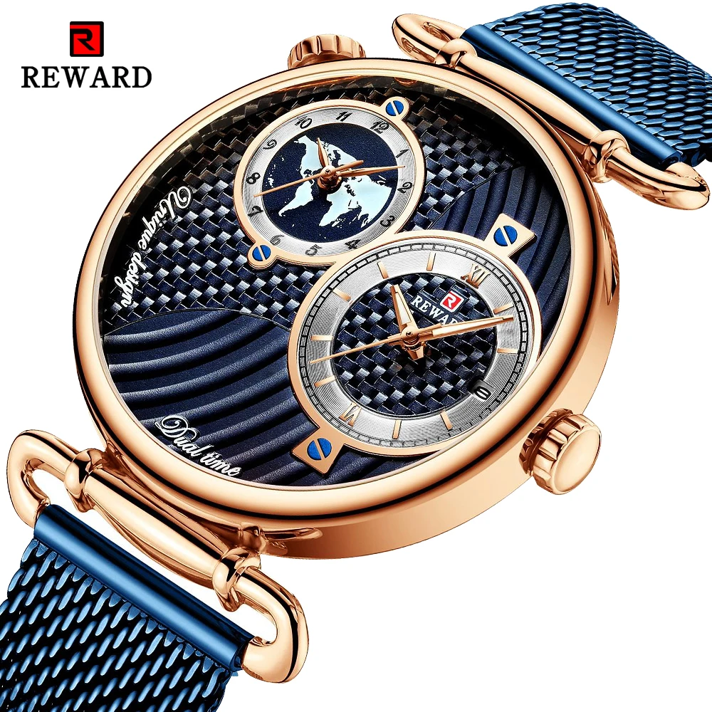 

Original REWARD Top Luxury Men Wristwatch Full Steel Dual Time Zone Golden Mesh Belt Quartz Watches For Man Waterproof