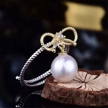 

Real 925 Sterling Silver Women Wedding Engagement Ring Adjustable Simple Round Pearl Ring Mounting