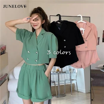 

Heydress Women Summer Two Pieces Casual Sets Vintage Double Breasted Short Blazers Female Suits Office Lady Blazers&Shorts Sets