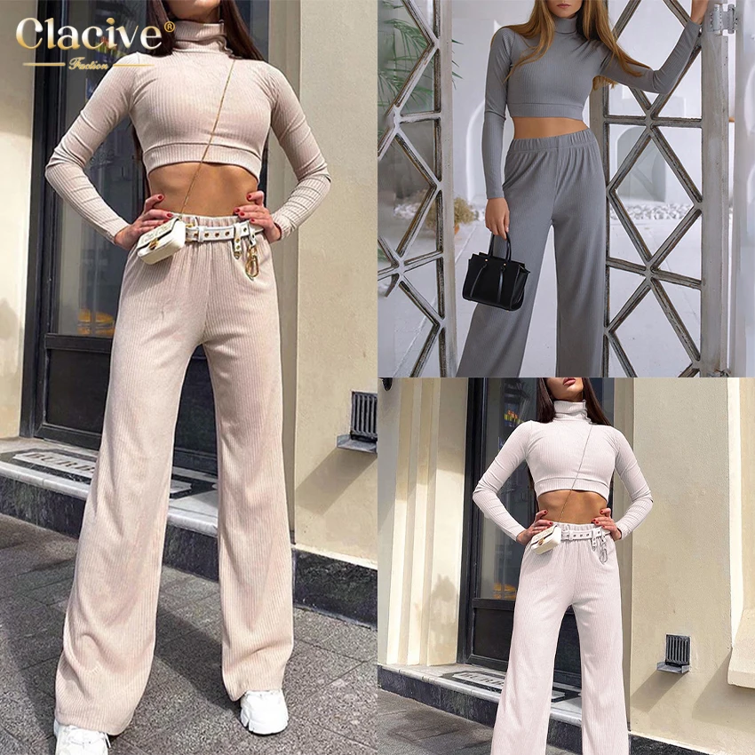 

Clacive Long Sleeve Turtleneck And Wide Leg Pants Set Fashion Solid Two Piece Set Casual Elegant Classic Minimalist Outfit