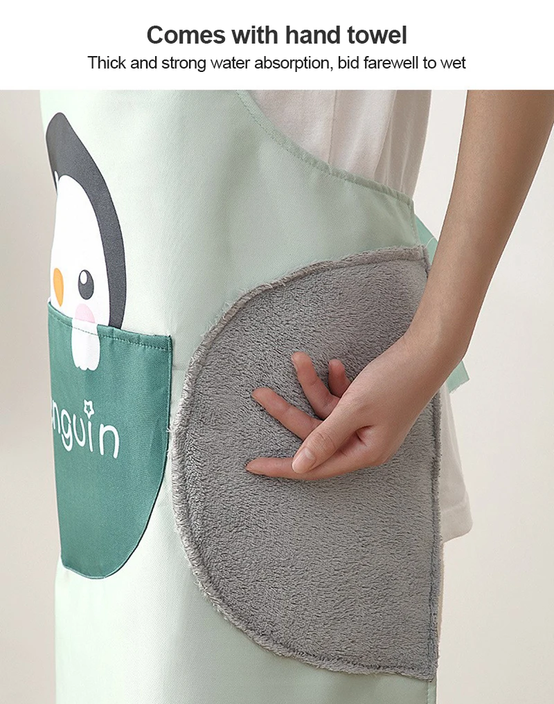 Women Cartoon Apron Cute Animal Print Waterproof Apron Kitchen Cooking And Washing Dishes Anti-oil Big Pocket Housework Apron