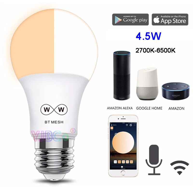 

Magic Home E27 4.5W Warm White/CCT/RGBW led bulb dimmable Bluetooth 4.0 mesh smart led lamp light ;AC100-240V