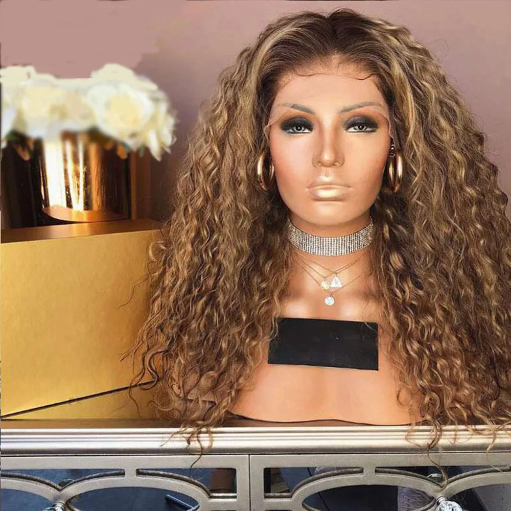 

Kinky Curly Transparent lace front wig 13*4 Ombre Blonde colored Brazilian Remy Preplucked Glueless Baby Hair For Women