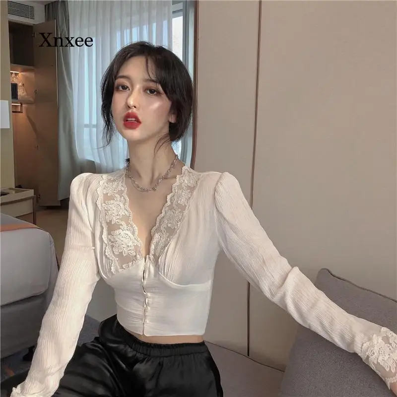 

2021 Lace Patchwork Shirts Spring Women Blous Long Sleeves Lapel Streetwear Fashion Casual Loose Slim Button Simple Solid Shirt