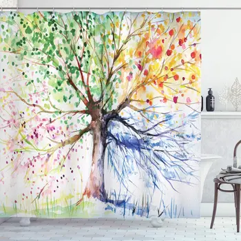 

Watercolor Style Tree With Colorful Blooming Branches 4 Seasons Theme Washable Waterproof Shower Curtain