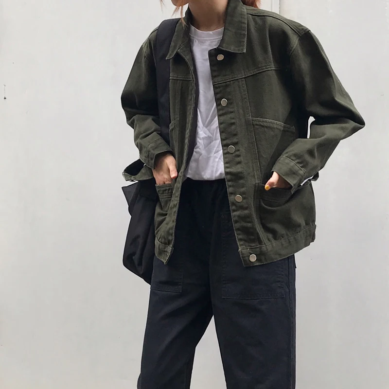Korean ArmyGreen Denim Jackets Women Autumn winter Single Breasted black Jean Jacket ladies Denim Coat cazadora vaquera mujer