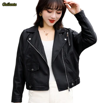 

Guilantu Women Faux Pu Leather Jacket Turn-down Collar Zipper Punk Streetwear Jackets Outwear Motorcycle Biker Leather Coat