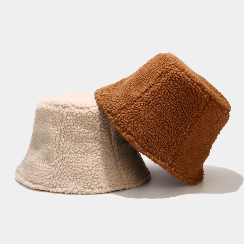 Women Hat Solid Artificial Faux Fur Winter Bucket Hat Soft Warm Cap for Women Outdoor Sunscreen Sun Straight Hat Panama Lady Cap