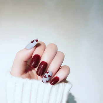 

24pcs/box with 2g glue Love Heart Shiny Fake Nails with Glue Fashion Round Head Mid-length Full Cover press on nail tips coffin