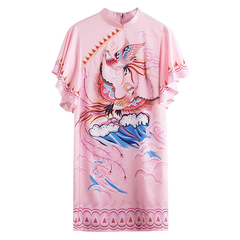 

PERHAPS U pink Phoenix bird print mandarin collar ruffle sleeve short sleeve mini dress zipper summer D1893