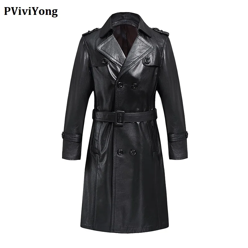 PViviYong new arrival winter high quality real leather jacket Natural cowhide dust coat men long parka plus-size M-5XL - Цвет: Черный