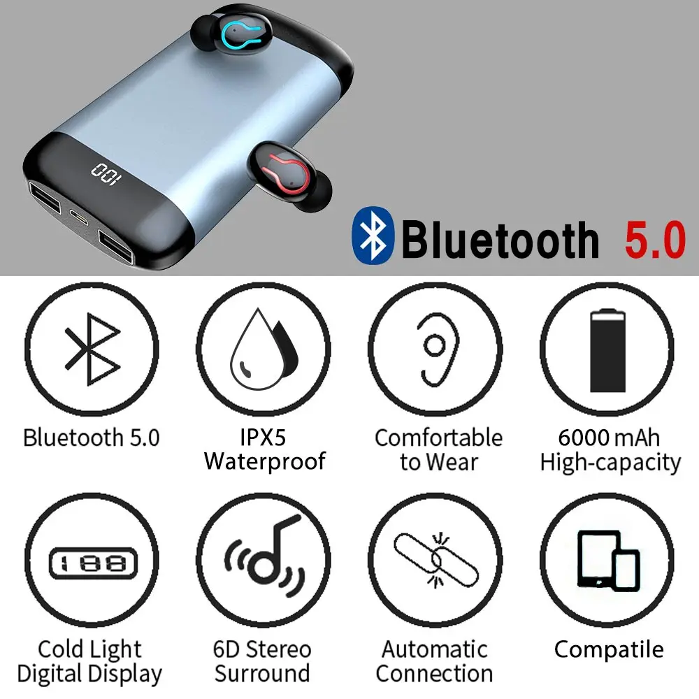 Q66 Мини Bluetooth 5,0 наушники TWS беспроводные наушники спортивные водонепроницаемые наушники power bank чехол 6D Стерео гарнитуры для телефона