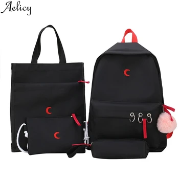 

Aelicy Fashion ladies bag multifunctional large capacity Oxford cloth backpack moon solid color printed backpack four-piece