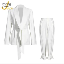 Traje de trabajo de 2 piezas para mujer, conjunto de chaqueta y pantalón de pierna ancha para entrevista de negocios, oficina, color blanco