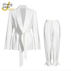 Work Pant Suits OL 2 Piece Set For Women Business Interview Suit Set Blazer And Wide Leg Pant White Office Lady Suit