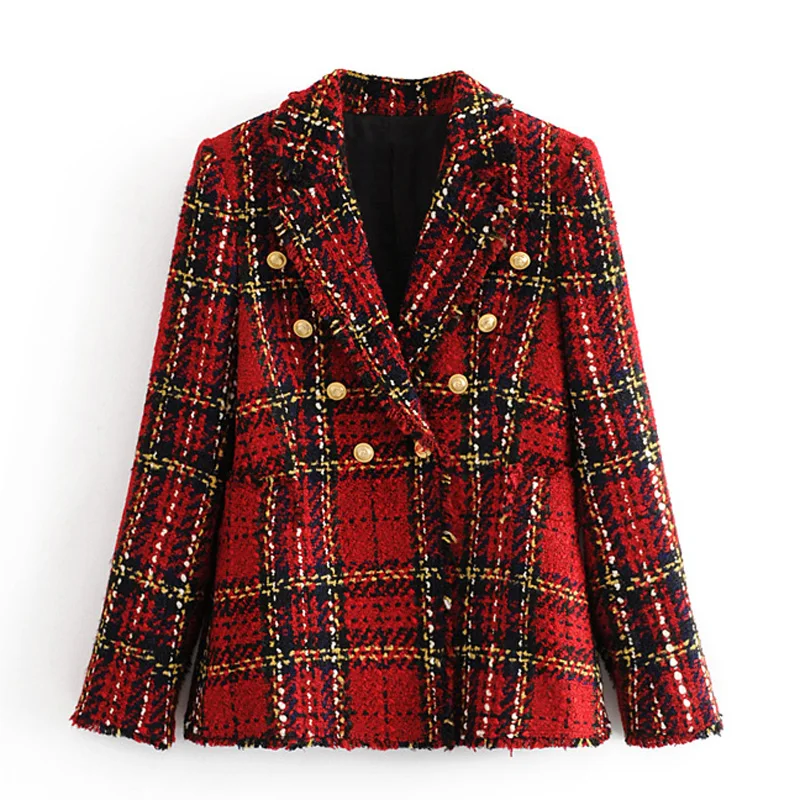 

Hadara Notched Double Breasted Blazers Women Fashion Plaid Printed Jackets Women Elegant Long Sleeve Suits Female Ladies KH