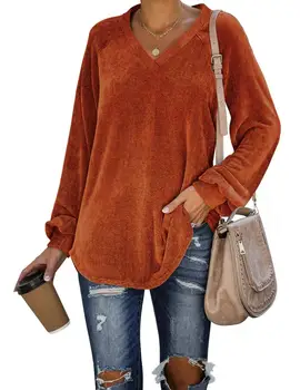 

Autumn New V-Neck Corduroy T-shirt Women Solid Lantern Long Sleeve Casual Tops Female Plus Size Street Winter Clothes Black Tees
