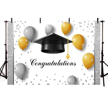 

Celebration Graduation Theme Background Congratulations Graduation Banner Backdrop for Students Black Bachelor Cap and Balloons