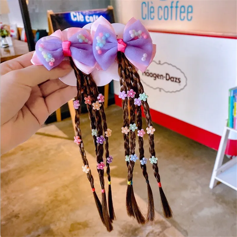 1Pair Children Wig Braiders Flower Bowknot Multi-color Hair Clip Kids Elastic Hair Bands Girl Hair Accessories Wig Ponytail Pins - Цвет: Фиолетовый