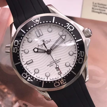 

Luxury Brand New Men Automatic Mechanical Silver White James Bond 007 Black Rubber Ceramic Bezel Crystal Sapphire Watch Luminous