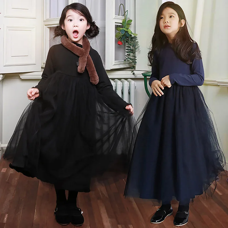 

Big Girls Long Sleeve Dresses 2019 Autumn Winter Warm Velvet Dress for Girls Mesh Patchwork Princess Dress Children Clothes
