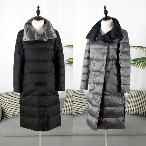 Black-silver gray Двубортное длинное пальто со стоячим воротником для женщин, Двусторонний пуховик, зимняя одежда, двусторонняя клетчатая ветрозащитная верхняя одежда M931 - Цвет: Black-silver gray