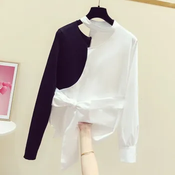 

Blouse Woman 2020 Spring New Black and White Contrast Color Knit Patch Off-Shoulder Long-Sleeve Shirt Women's Blouses Blusas