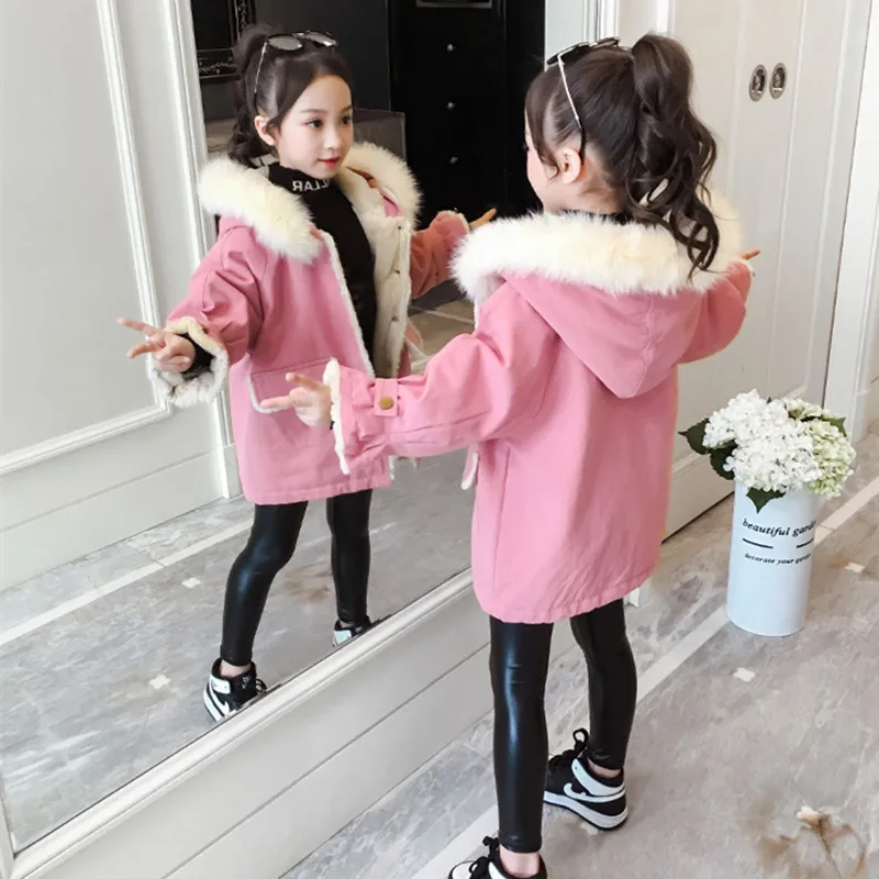 Pink DFXD/зимнее пальто для больших девочек модный меховой воротник, Вельветовая утепленная куртка с капюшоном теплая верхняя одежда для детей от 3 до 12 лет, одежда для девочек-подростков - Цвет: Pink