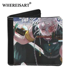 WHEREISART Anime Demon Slayer Men Cartoon PU Leather Short Wallet Popular Uzui Pattern Purse Teenagers Cosplay Money Card Bags