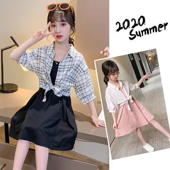 

Summer Girls Clothing Sets Teens Kids Clothes Girl Plaid Shirt Princess Suit 5 6 8 9 10 11 12 Years Children Strap Dress Outfits