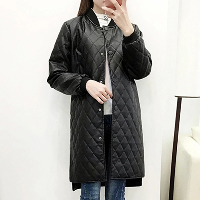 

2019 New Autumn Winter Women PU Faux Leather Jackets Female Medium Long Jacket Single Breasted Round neck Spliced Coats cc1021