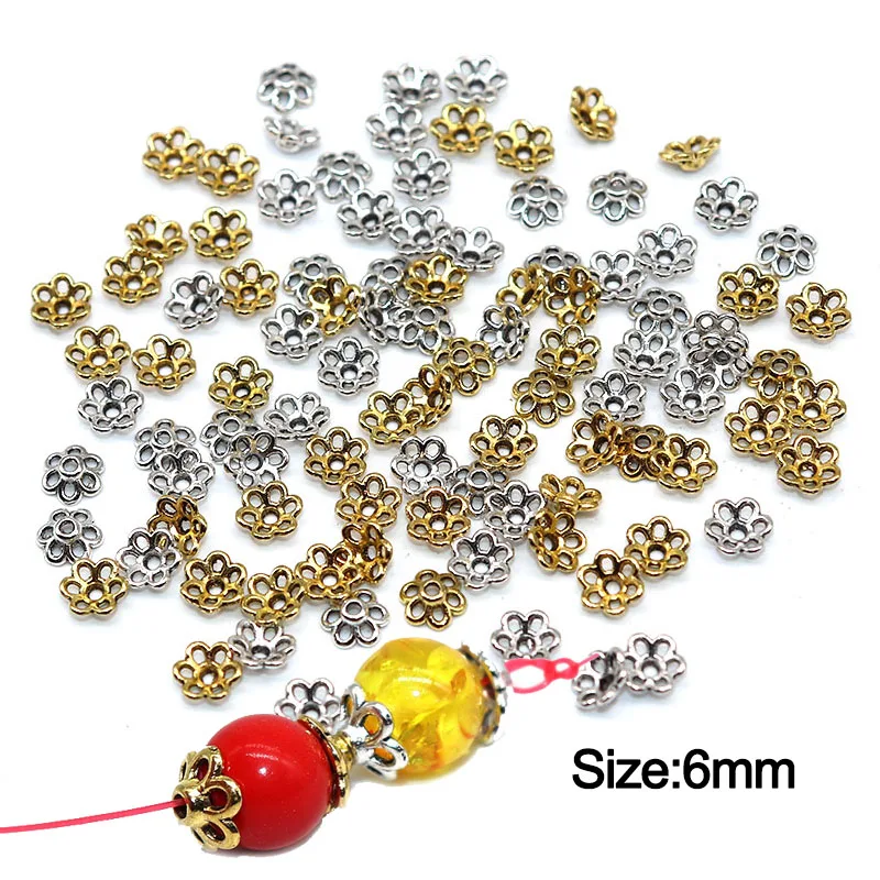 Cuentas de pétalos de flores chapadas en plata para fabricación de joyería, gorros, suministros de joyería, tapas de cuentas huecas, colgantes para joyería, 6mm, 100/200 Uds.