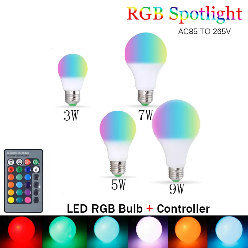 

E27 LED 16 Color Changing RGB Magic Led Bulb 3/5/7/9W 85-265V RGB Led Lamp Spotlight + IR Remote Control LED Bulbs For Home