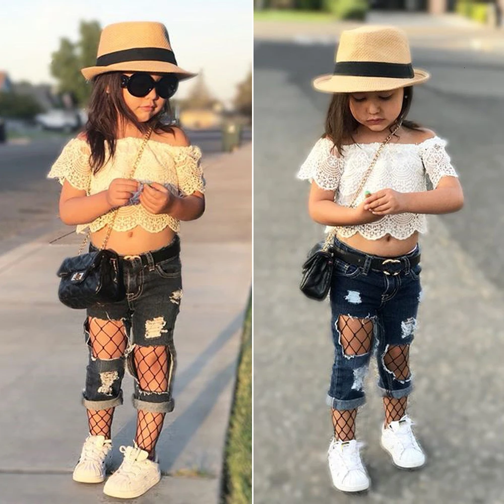 Kleinkind Kinder Baby Mädchen Schulterfrei Spitzen Топы+ джинсы Hosen комплект одежды От 2 до 7 лет