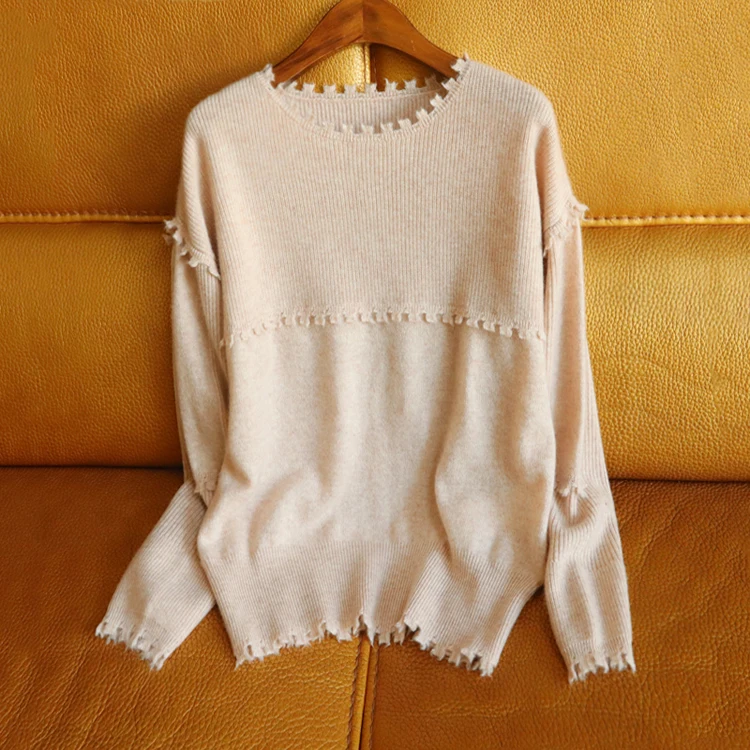 Aliaga, высокое качество, чистый кашемир, свитер для женщин, осень, стиль, круглый ворот, белый пуловер, женская мода, вязаный джемпер - Цвет: Beige