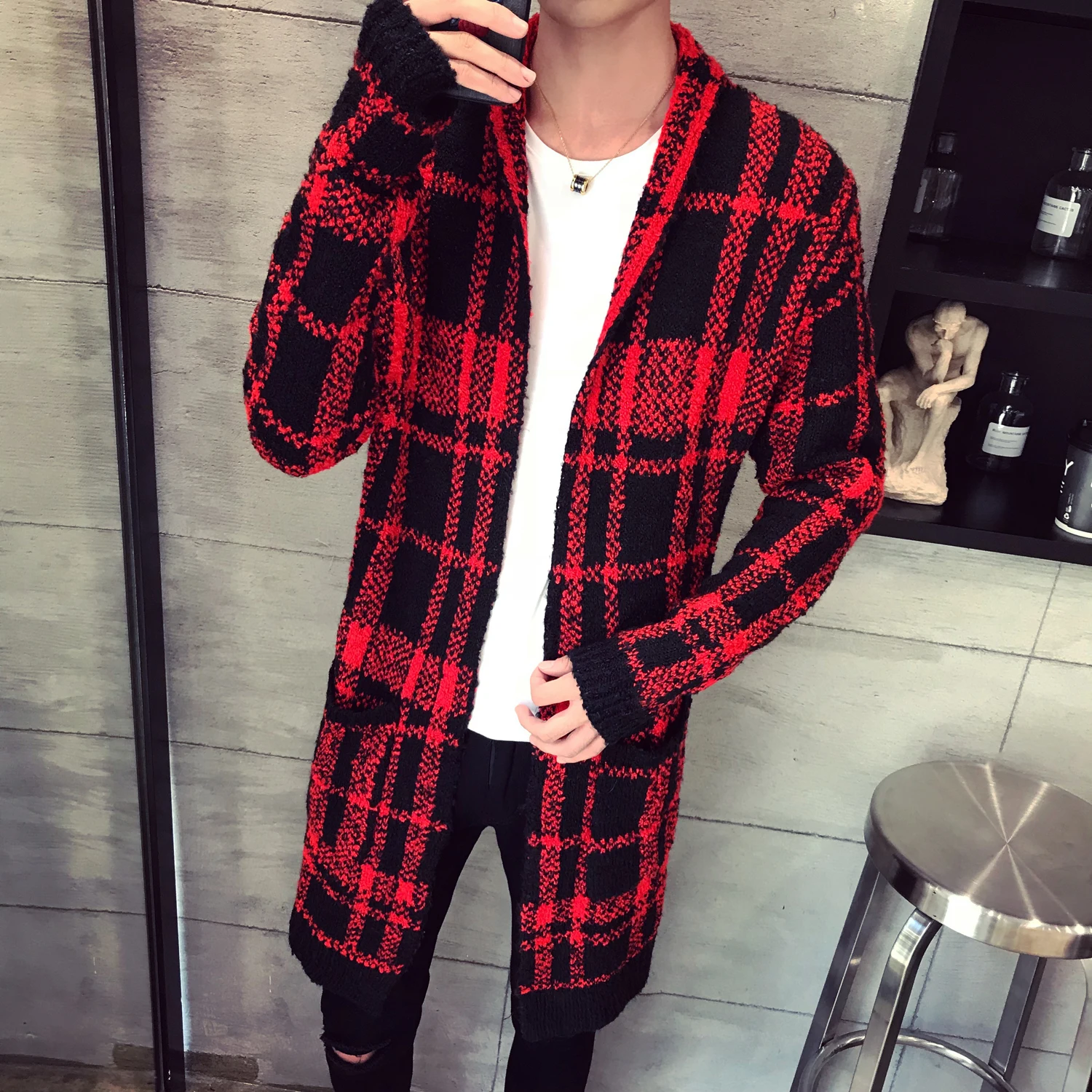 Mens Sweaters for 2019 Fashion Hooded Cardigan Men Plaid Sweater Mens Long Cardigan No Buckle Winter Sweater Men