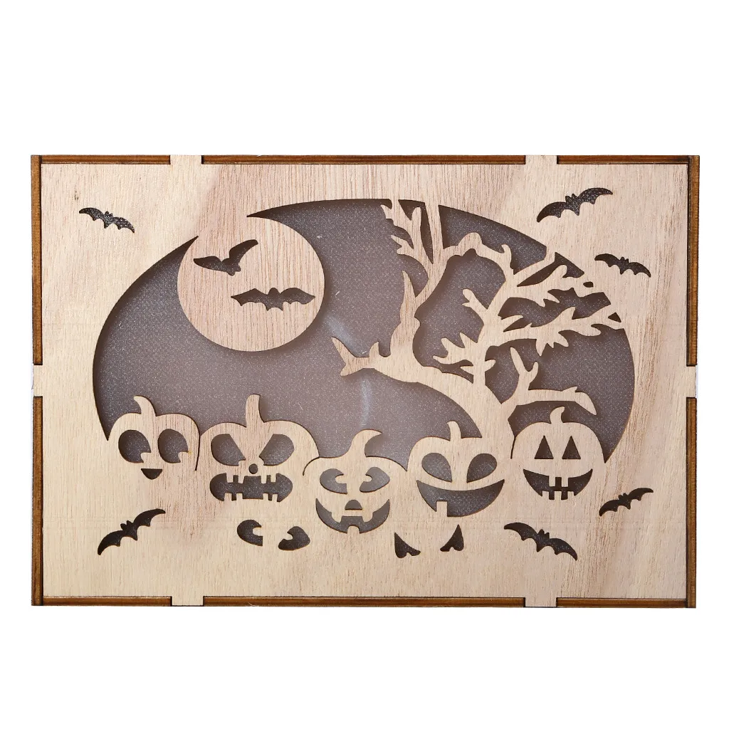 Halloween Hanging Decoration Crafts Wooden Pumpkin Haunted House Pendant LED Night Light Halloween Home Decor Clever Party Decor